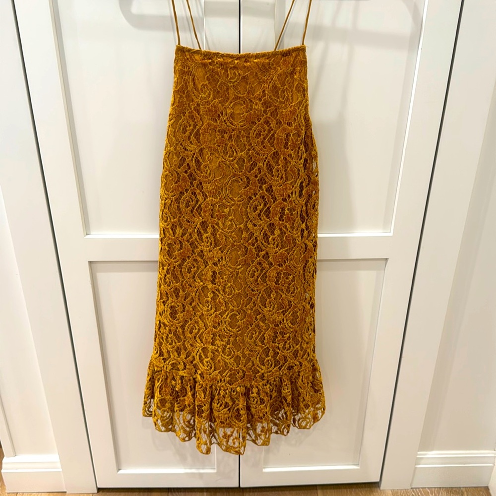 Free People Gold velvet lace overlay Ruffled Backless strap summer M swing Dress